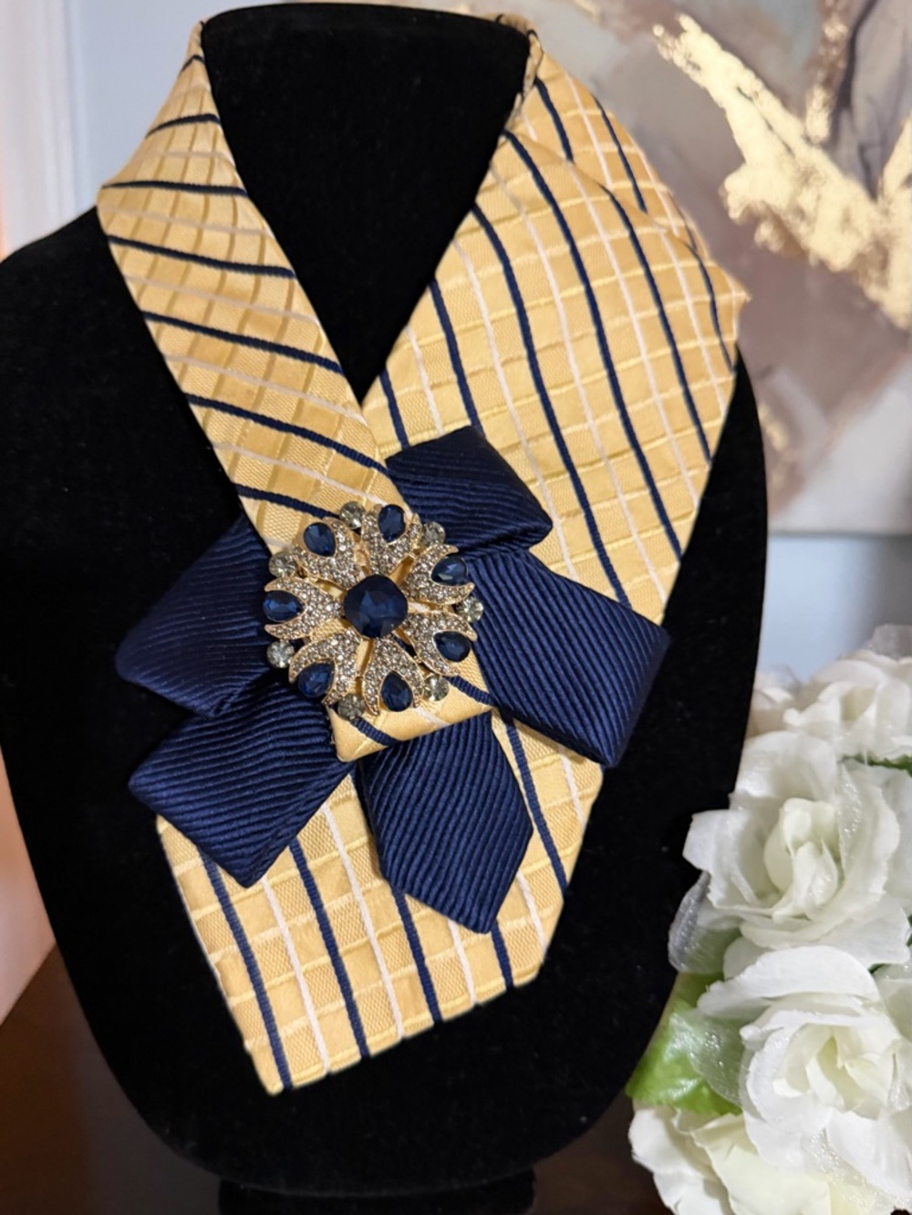 Tommy Hilfiger Yellow and Navy Striped Necklace Necktie with Navy Bow Brooch